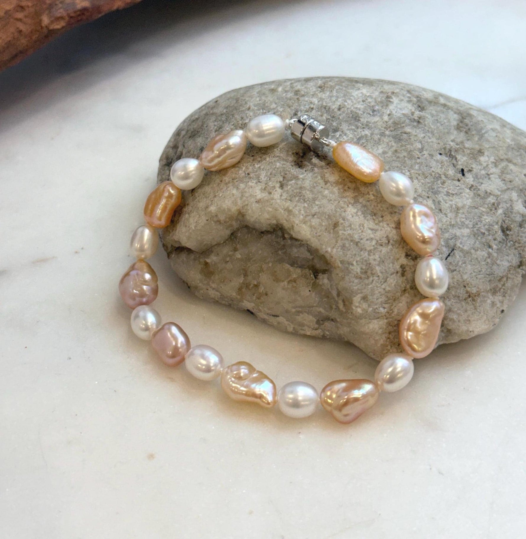 Elly’s 6.6-8.5mm Freshwater Multicolored Pearls Bracelet: Extreme luster mirrored, 7.8”, S925 silver bracelet.