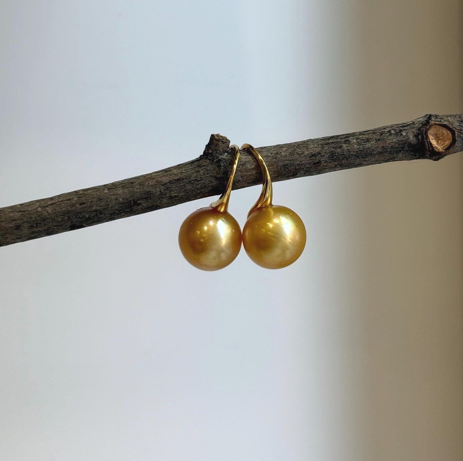 Elly’s 11.2mm Genius South sea deep golden ocean Pearls Earrings hooks: Extreme luster mirrored, 2.2cm high, S925 silver earrings.