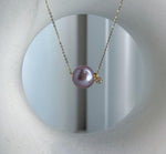 Elly’s Au750 18k Gold 13.3mm Edison rose Mauve Pearl Floating pendant:Extreme luster mirrored, S925 silver chain with little drop.