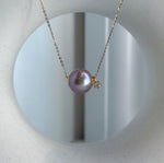 Elly’s Au750 18k Gold 13.3mm Edison rose Mauve Pearl Floating pendant:Extreme luster mirrored, S925 silver chain with little drop.