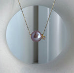 Elly’s Au750 18k Gold 13.3mm Edison rose Mauve Pearl Floating pendant:Extreme luster mirrored, S925 silver chain with little drop.