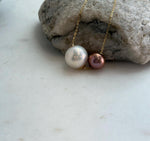 Elly’s Double Au750 18k Gold 10.1-13mm Edison Pearls Floating pendants:Extreme luster mirrored, S925 silver chain clips set.