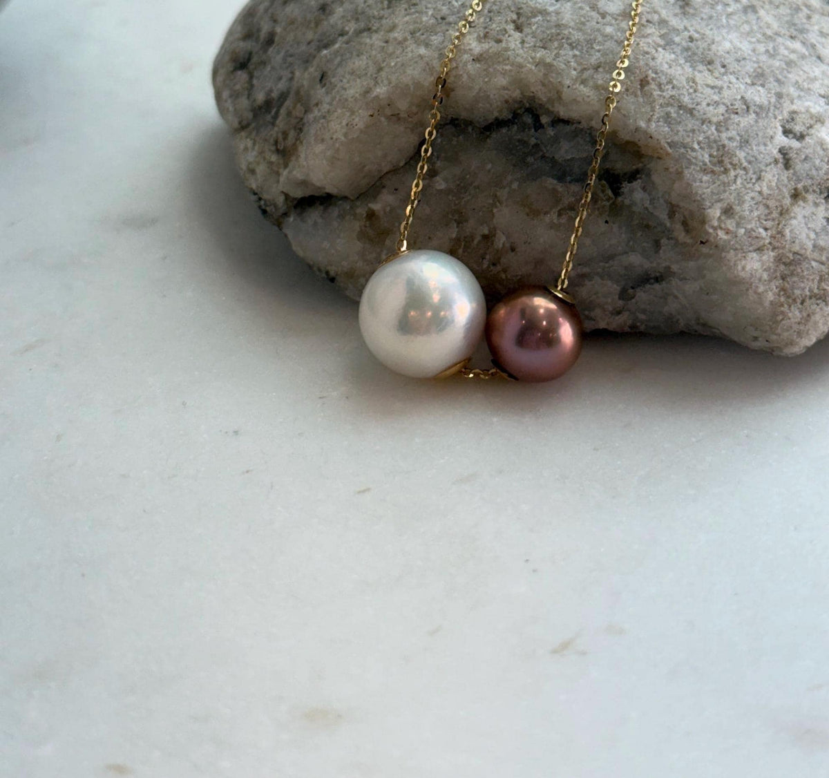 Elly’s Double Au750 18k Gold 10.1-13mm Edison Pearls Floating pendants:Extreme luster mirrored, S925 silver chain clips set.