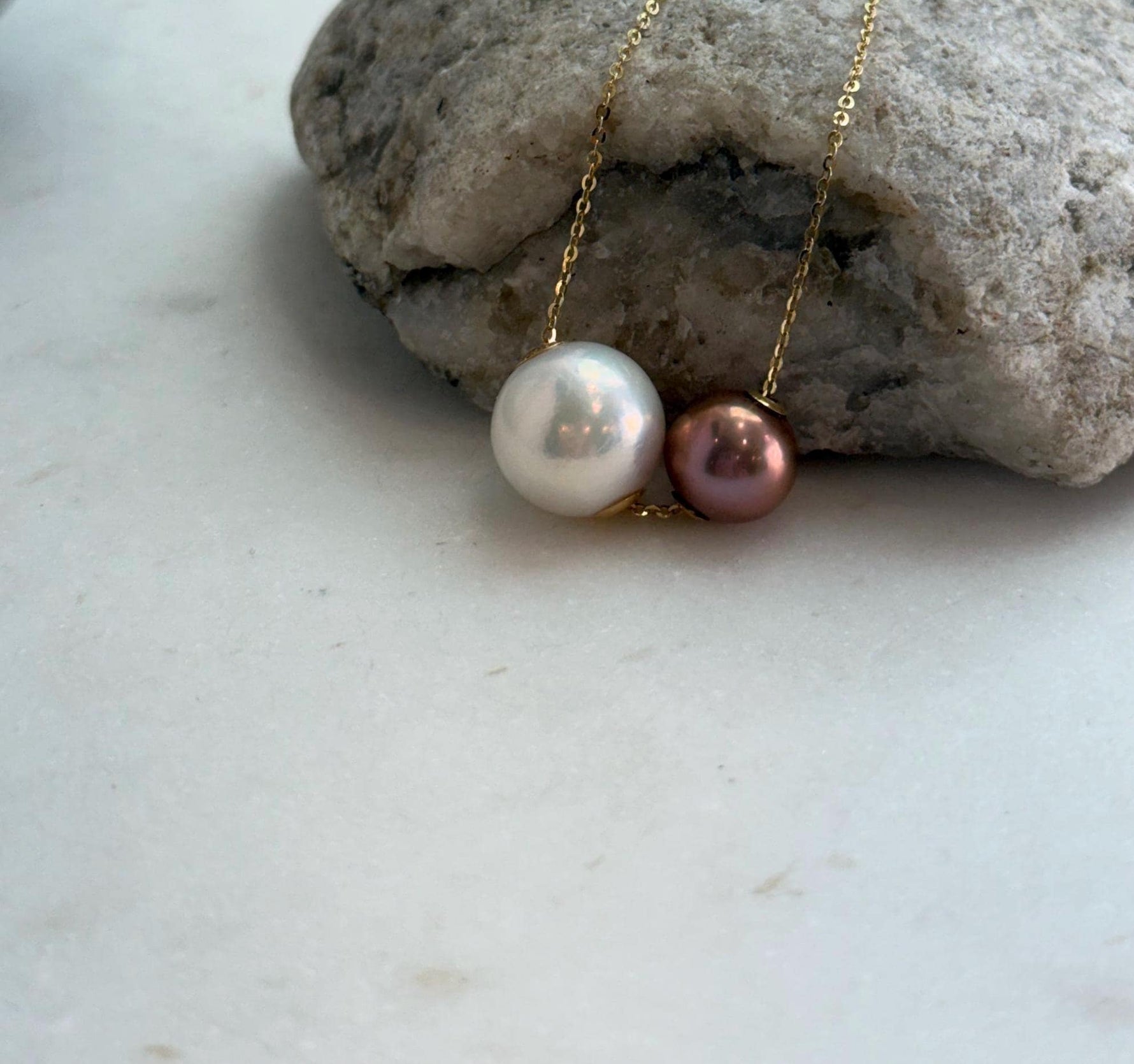 Elly’s Double Au750 18k Gold 10.1-13mm Edison Pearls Floating pendants:Extreme luster mirrored, S925 silver chain clips set.