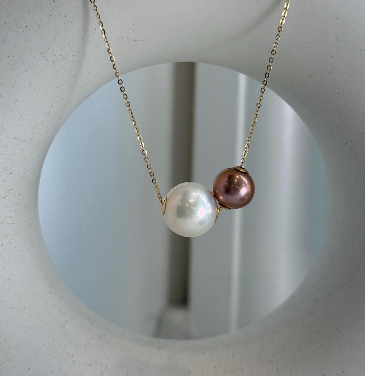 Elly’s Double Au750 18k Gold 10.1-13mm Edison Pearls Floating pendants:Extreme luster mirrored, S925 silver chain clips set.