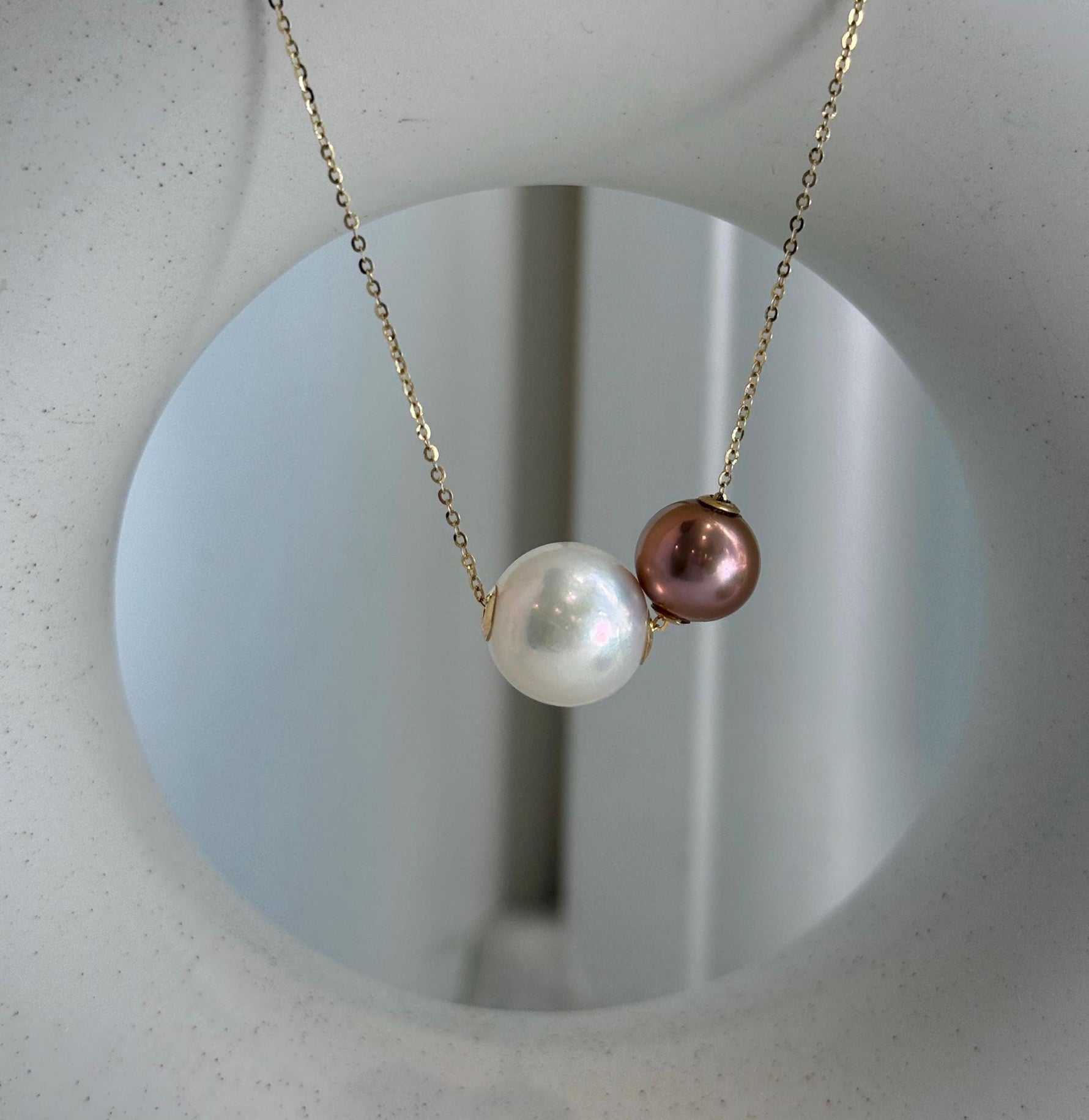 Elly’s Double Au750 18k Gold 10.1-13mm Edison Pearls Floating pendants:Extreme luster mirrored, S925 silver chain clips set.