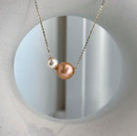 Elly’s Double Au750 18k Gold 7.5-11.3mm Akoya Ocean Edison Pearls Floating pendants:Extreme luster mirrored.