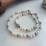 Elly’s 5.6-6.3mm Akoya Pink blue ocean pearls necklace:Extreme luster mirrored, knotted, 18.9”, S925 silver necklace strand.