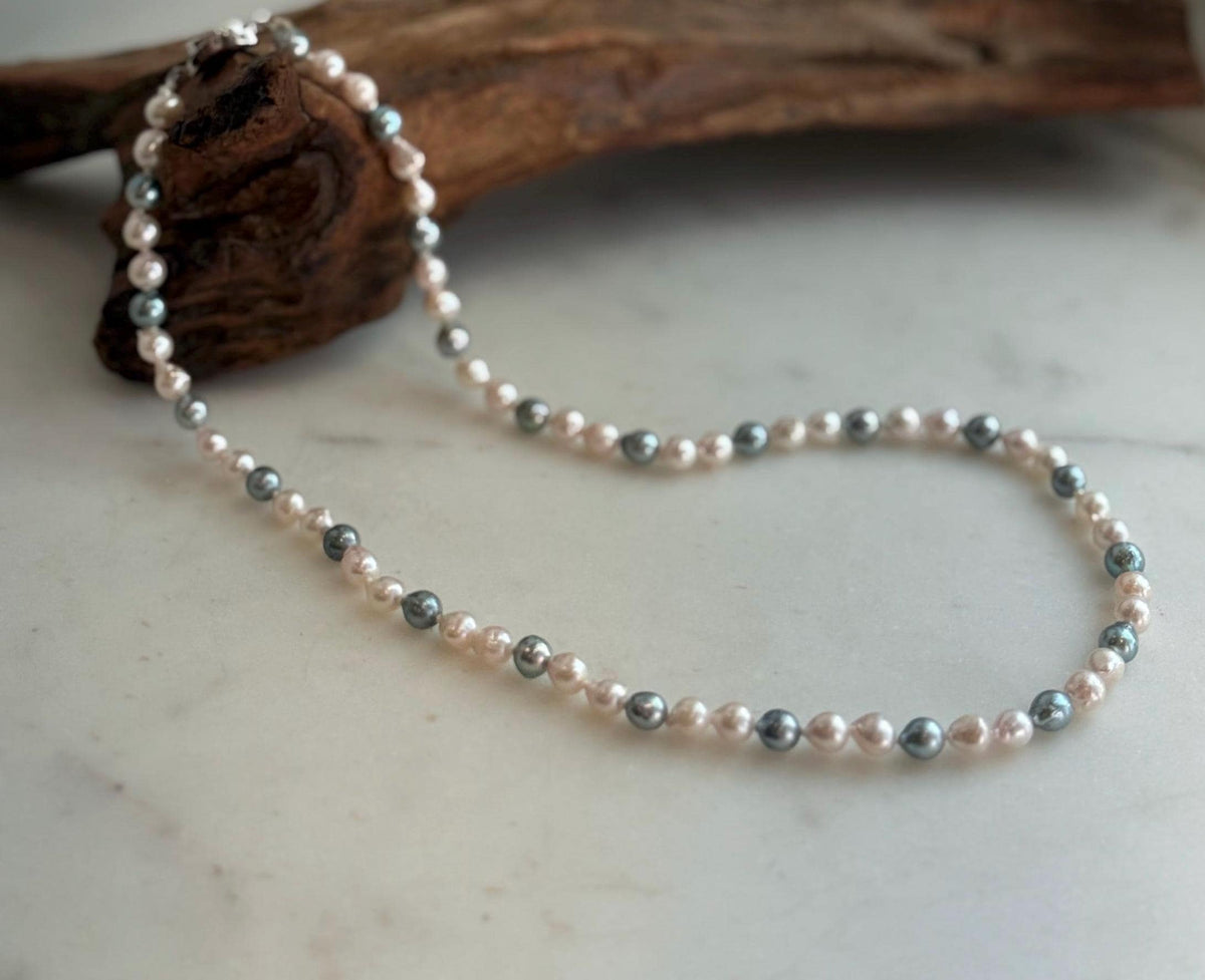 Elly’s 5.6-6.3mm Akoya Pink blue ocean pearls necklace:Extreme luster mirrored, knotted, 18.9”, S925 silver necklace strand.
