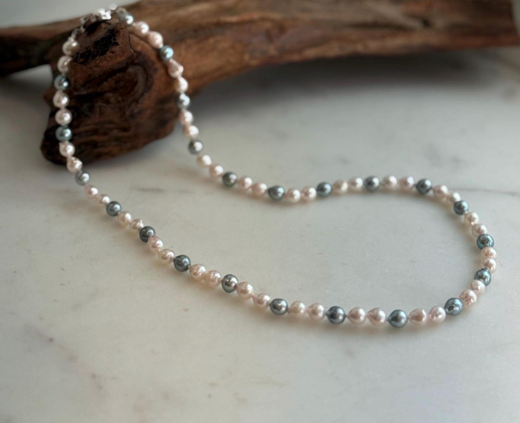 Elly’s 5.6-6.3mm Akoya Pink blue ocean pearls necklace:Extreme luster mirrored, knotted, 18.9”, S925 silver necklace strand.