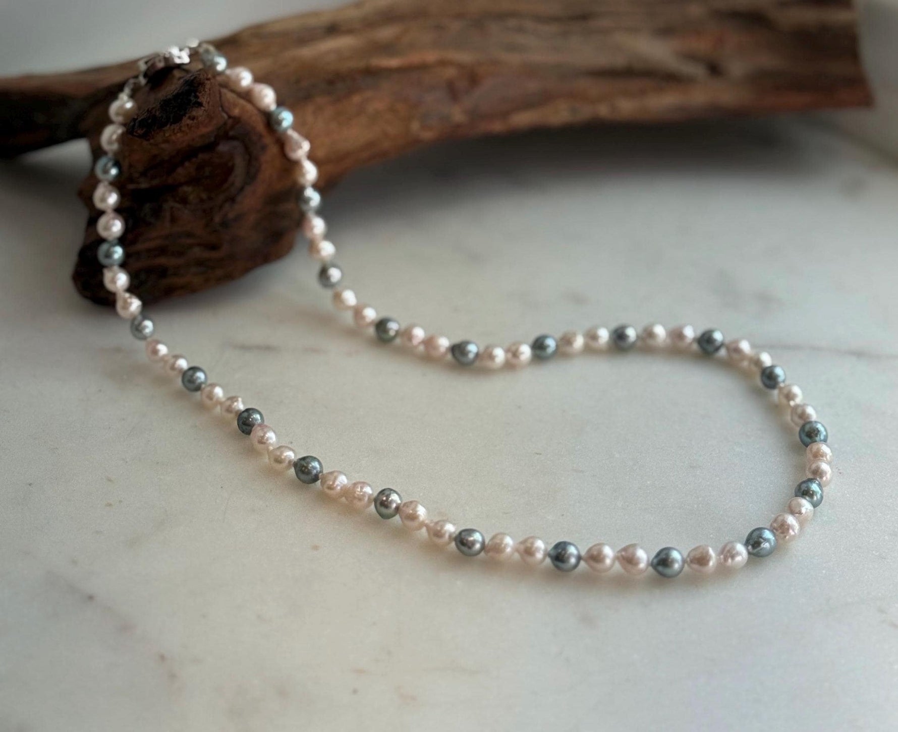 Elly’s 5.6-6.3mm Akoya Pink blue ocean pearls necklace:Extreme luster mirrored, knotted, 18.9”, S925 silver necklace strand.