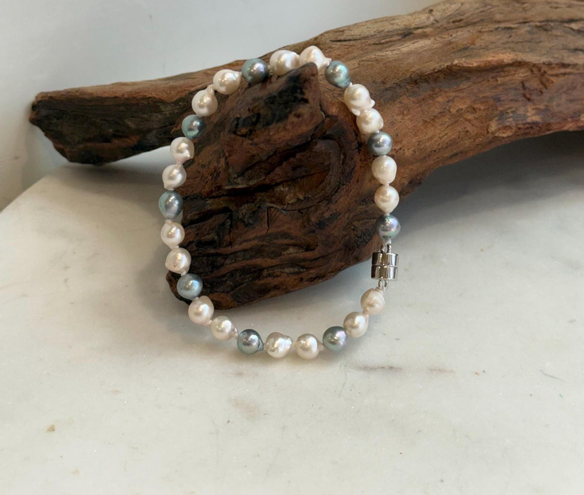 Elly’s 5.5-6mm Akoya Pink blue ocean pearls bracelet:Extreme luster mirrored, knotted, 7.4”, S925 silver bracelet.