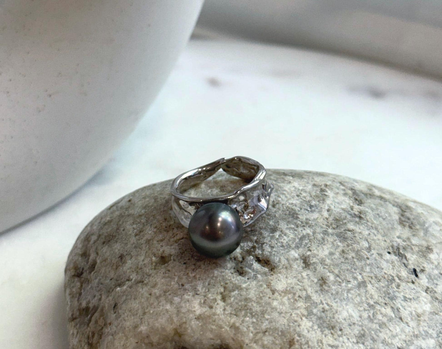 Elly’s 10.4mm Tahitian Ocean peacock hunter ocean Pearl Ring: Extreme luster mirrored, S925 silver adjustable Ring. Pearl Jewelry Idea.