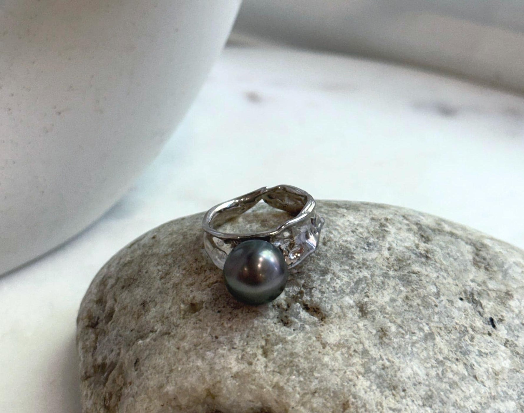 Elly’s 10.4mm Tahitian Ocean peacock hunter ocean Pearl Ring: Extreme luster mirrored, S925 silver adjustable Ring. Pearl Jewelry Idea.