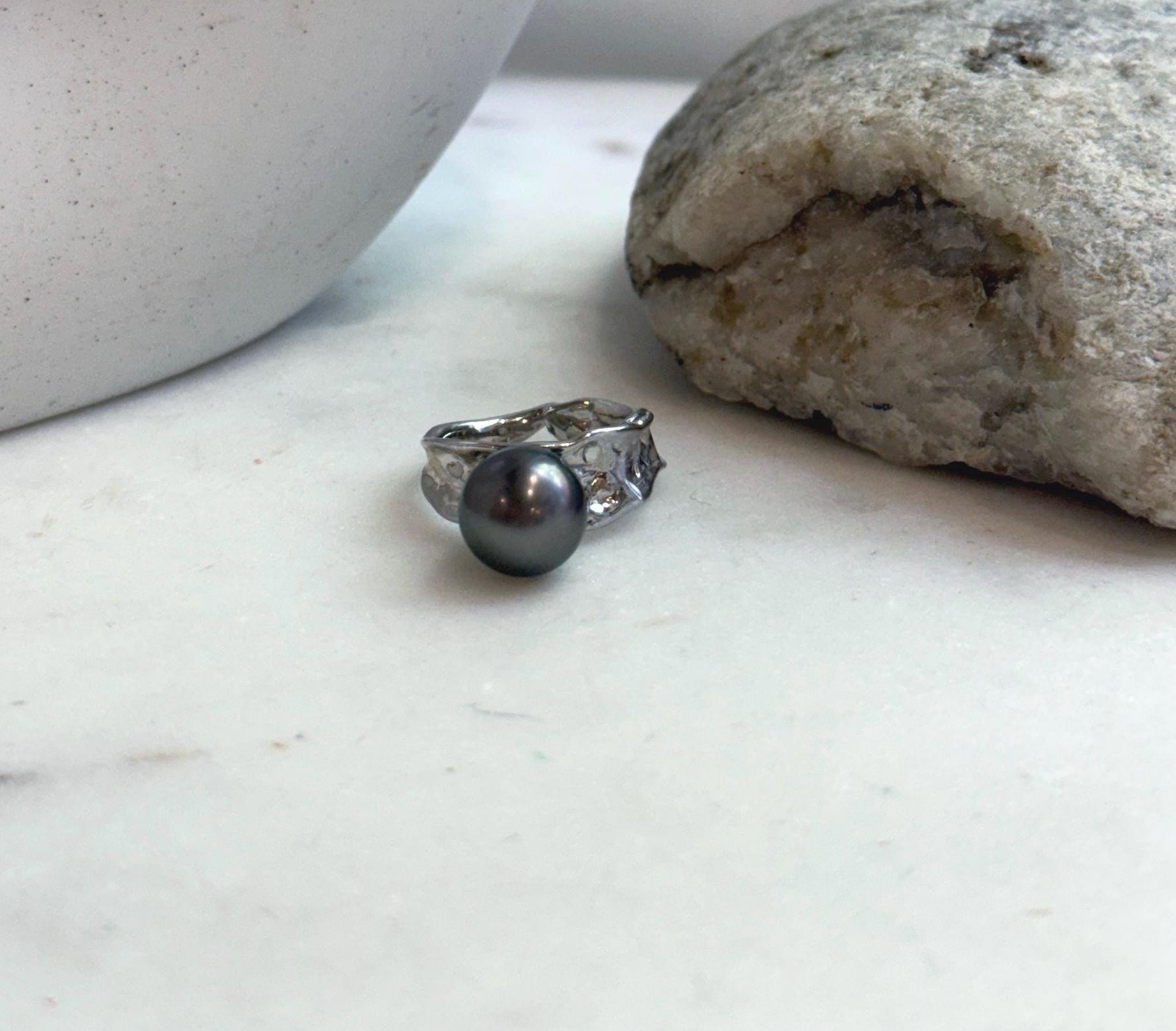 Elly’s 10.4mm Tahitian Ocean peacock hunter ocean Pearl Ring: Extreme luster mirrored, S925 silver adjustable Ring. Pearl Jewelry Idea.