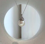 Elly’s 13.4mm South Sea White ocean Pearl pendant: Extreme luster mirrored, 2.4cm high, S925 silver w/ gold plated pendant.