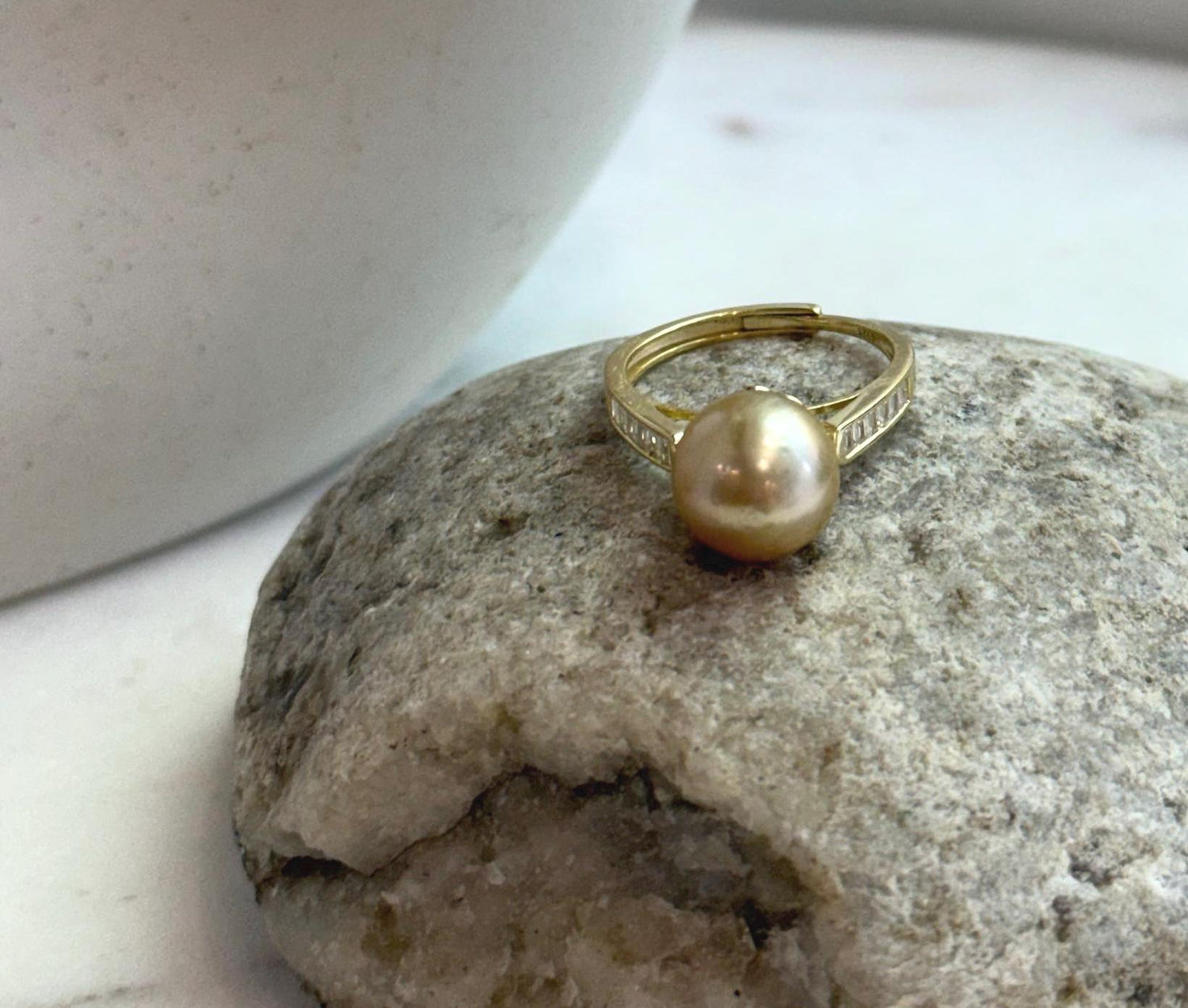 Elly’s 10.7mm South sea deep gold ocean pearl Ring: Extreme luster mirrored, S925 silver with gold plated adjustable Vintage Ring.