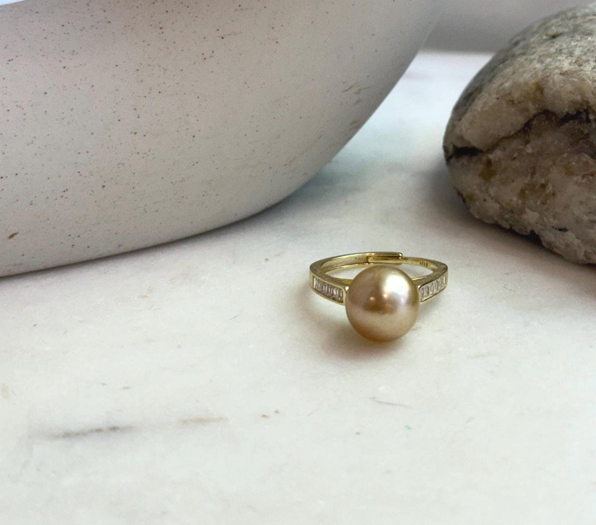 Elly’s 10.7mm South sea deep gold ocean pearl Ring: Extreme luster mirrored, S925 silver with gold plated adjustable Vintage Ring.