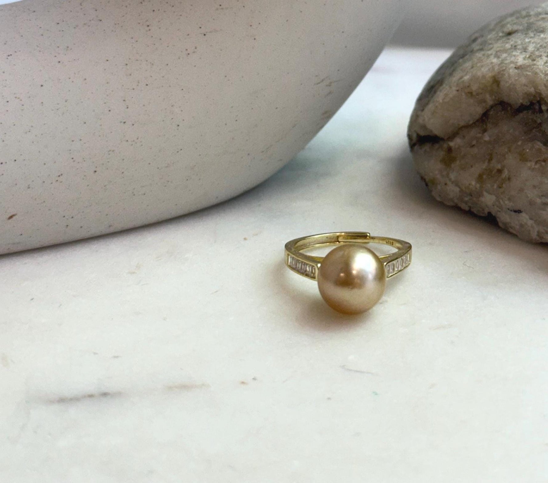 Elly’s 10.7mm South sea deep gold ocean pearl Ring: Extreme luster mirrored, S925 silver with gold plated adjustable Vintage Ring.