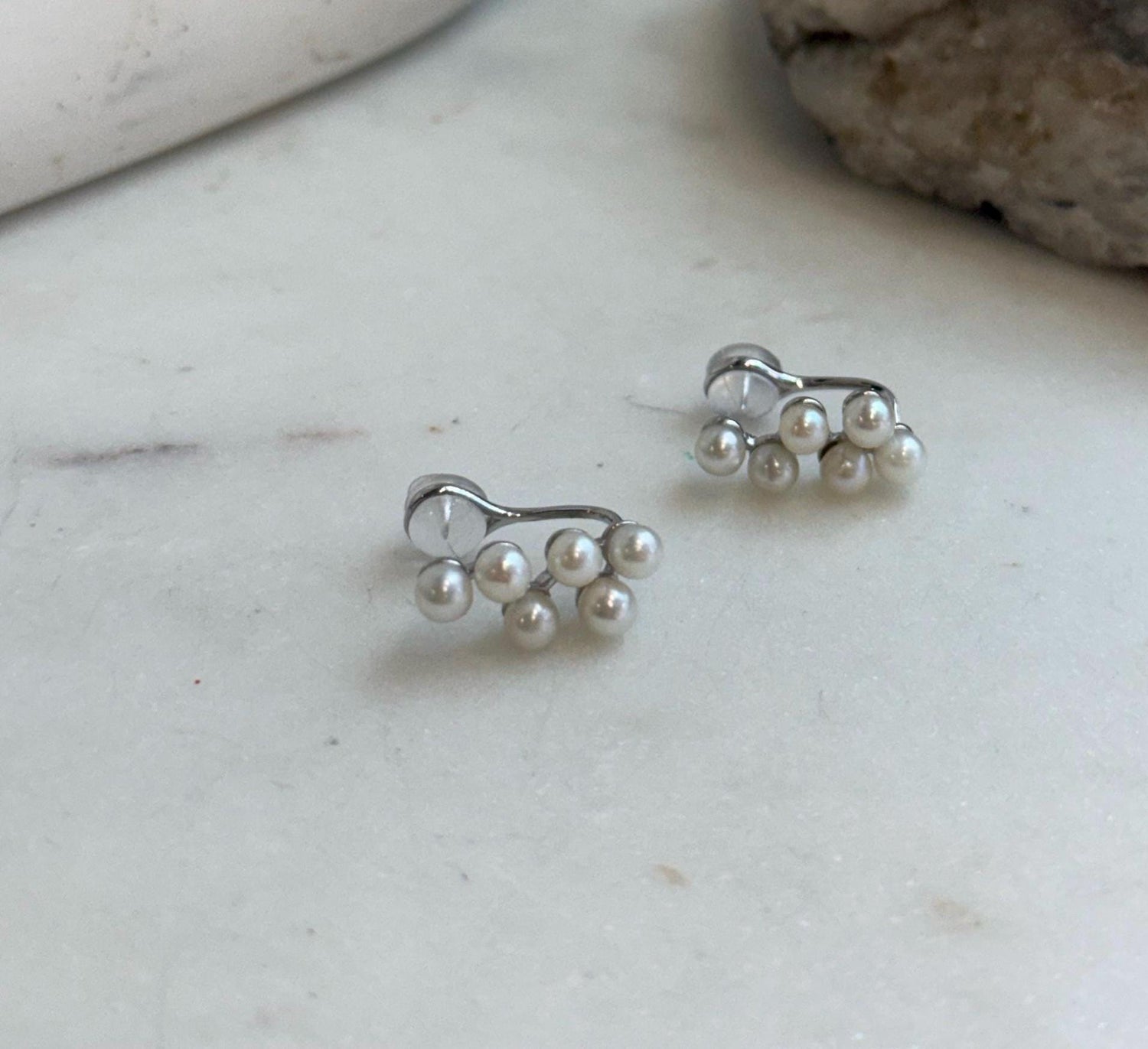 Elly’s 12pcs Akoya In sale strong luster ivory Ocean Pearl dazzling stylish S925 silver grapes earrings clips no piercings. 3.2mm+