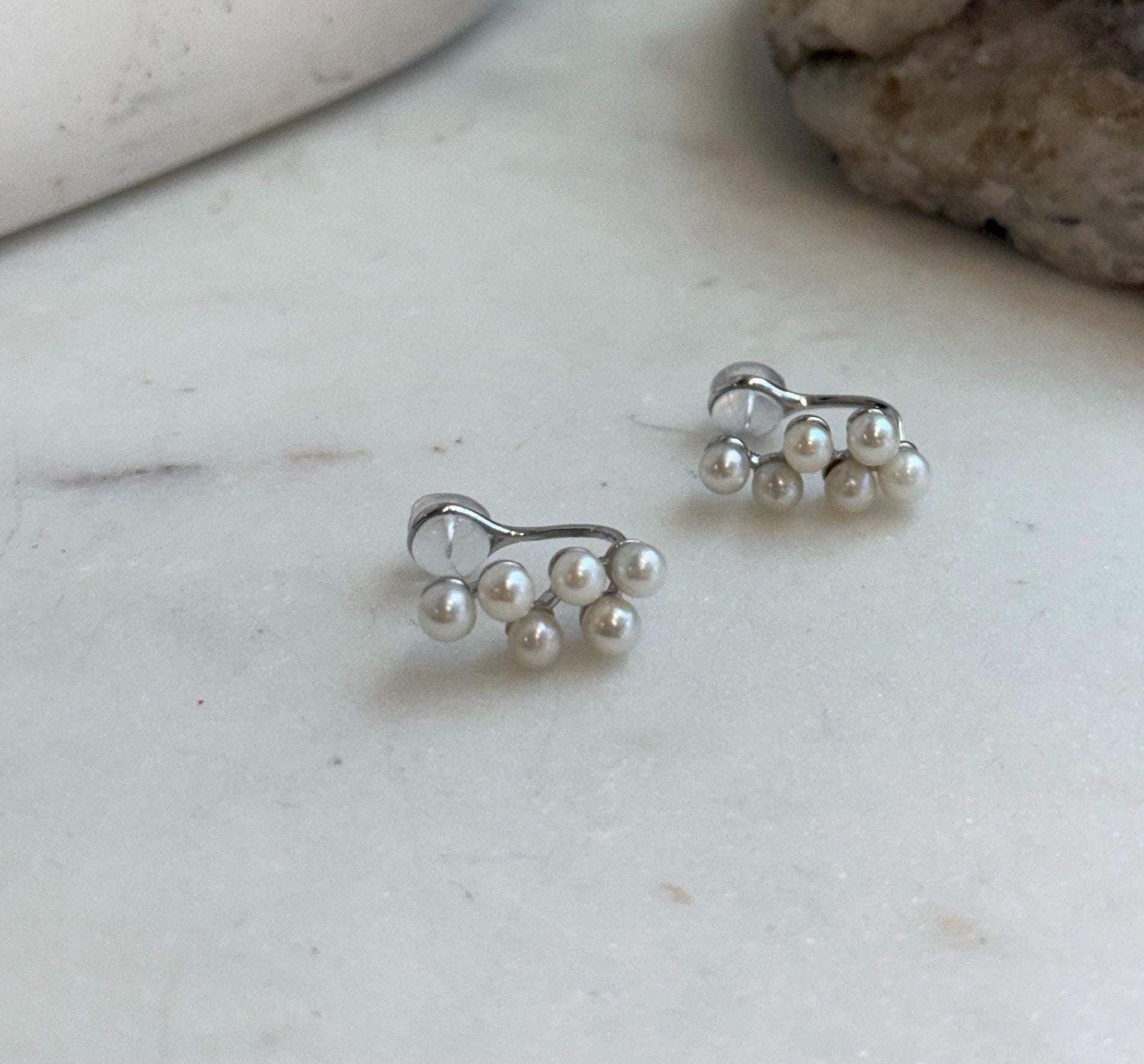 Elly’s 12pcs Akoya In sale strong luster ivory Ocean Pearl dazzling stylish S925 silver grapes earrings clips no piercings. 3.2mm+