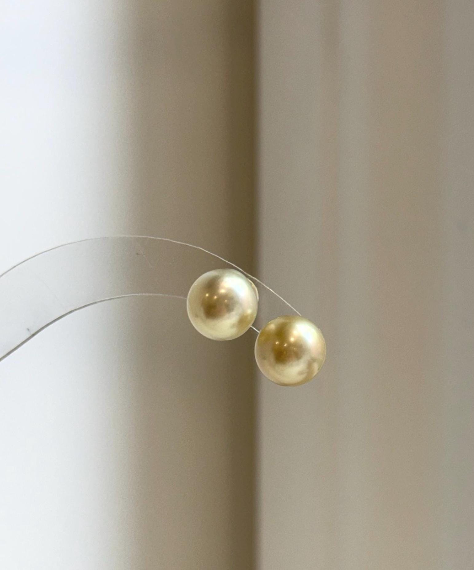 Elly’s 9.8mm Genius natural South sea Champagne Gold ocean Pearls Earrings studs: Extreme luster, S925 silver minimalist earrings studs.