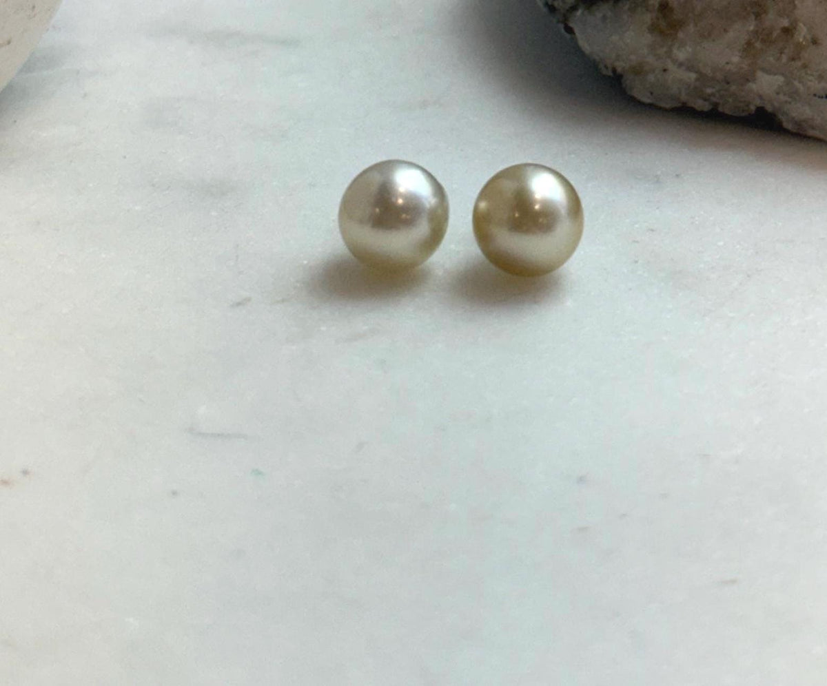 Elly’s 9.8mm Genius natural South sea Champagne Gold ocean Pearls Earrings studs: Extreme luster, S925 silver minimalist earrings studs.