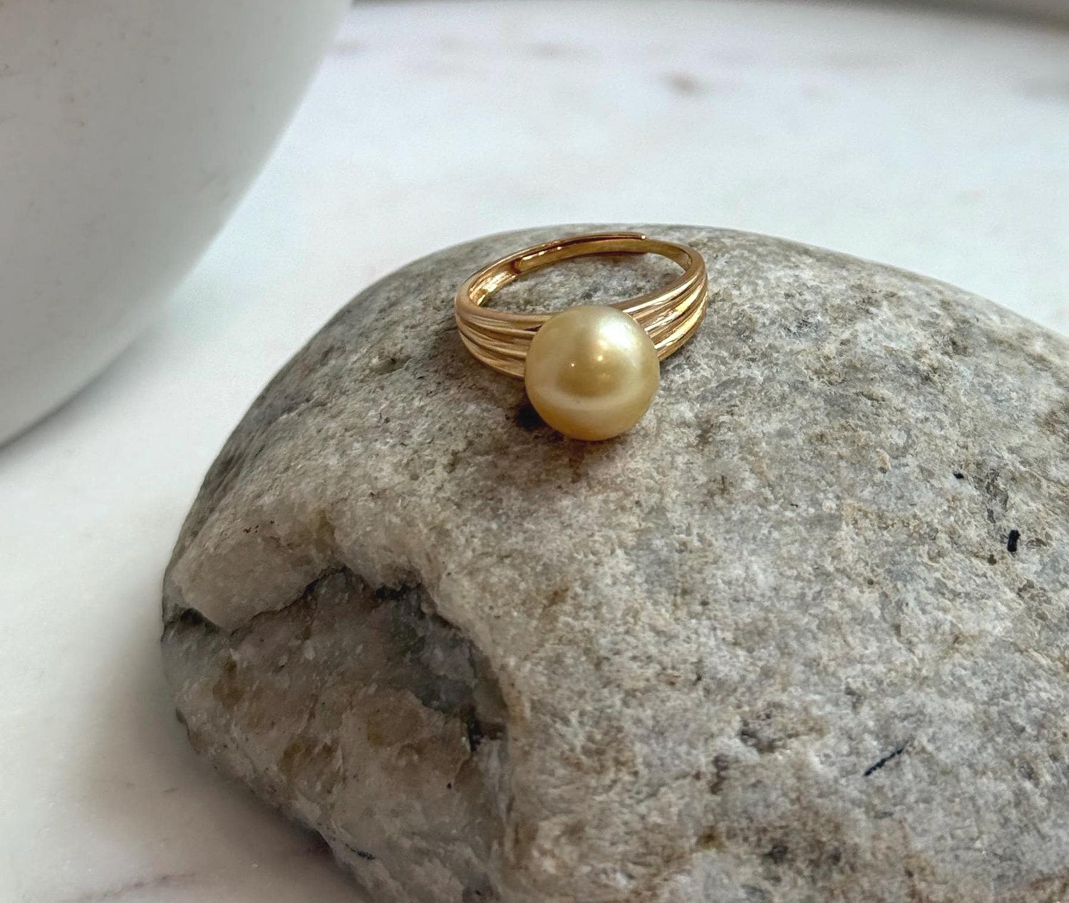 Elly’s 10mm South sea ultra gold ocean pearl Ring: Extreme luster mirrored, S925 silver with gold plated adjustable Vintage Ring.