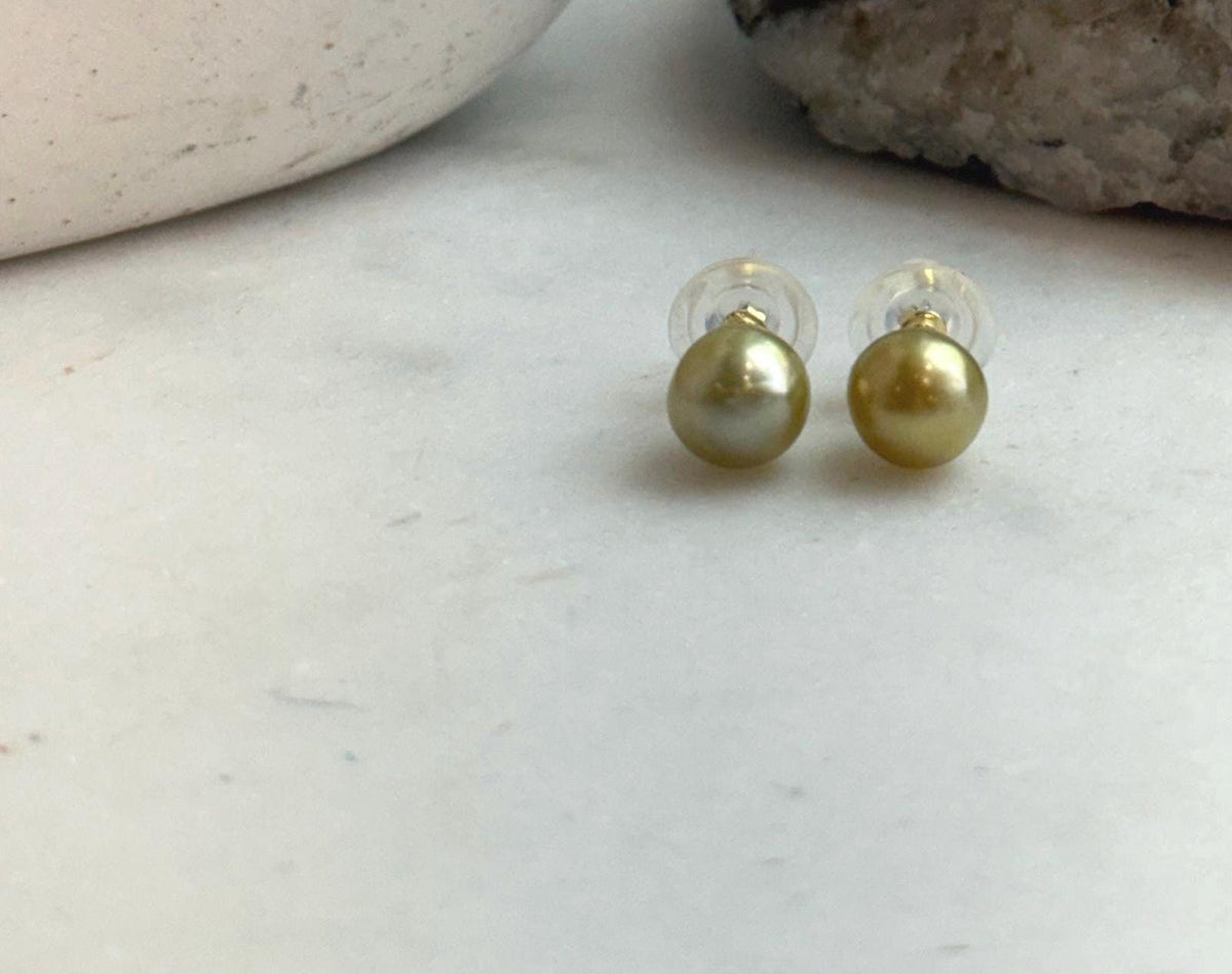 Elly’s 8.8mm Genius natural South sea Deep Tea Gold ocean Pearls Earrings studs: Extreme luster, S925 silver minimalist earrings studs.