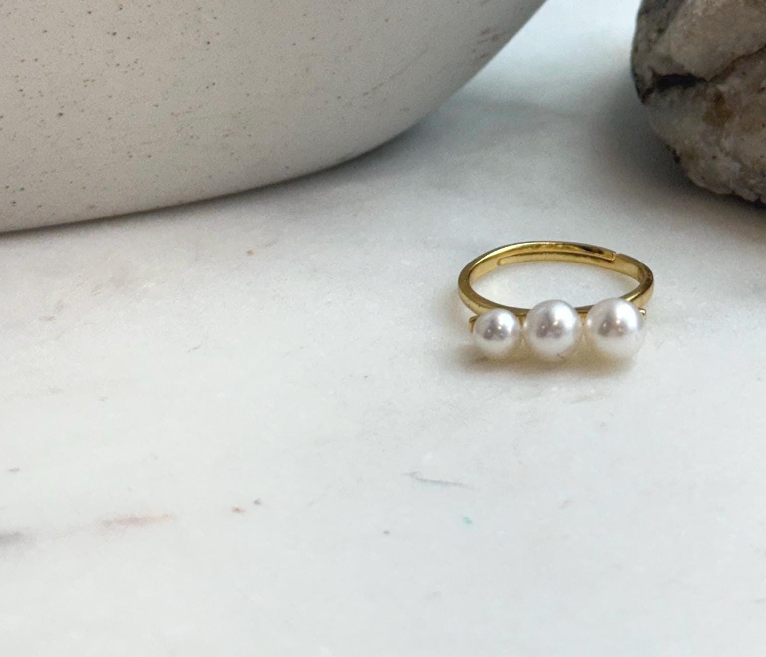 Elly’s 3pcs 4.6-5.8mm Freshwater white pearls Ring: Extreme luster mirrored, 1.6cm long, S925 Silver Adjustable Ring.