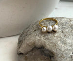 Elly’s 3pcs 4.6-5.8mm Freshwater white pearls Ring: Extreme luster mirrored, 1.6cm long, S925 Silver Adjustable Ring.