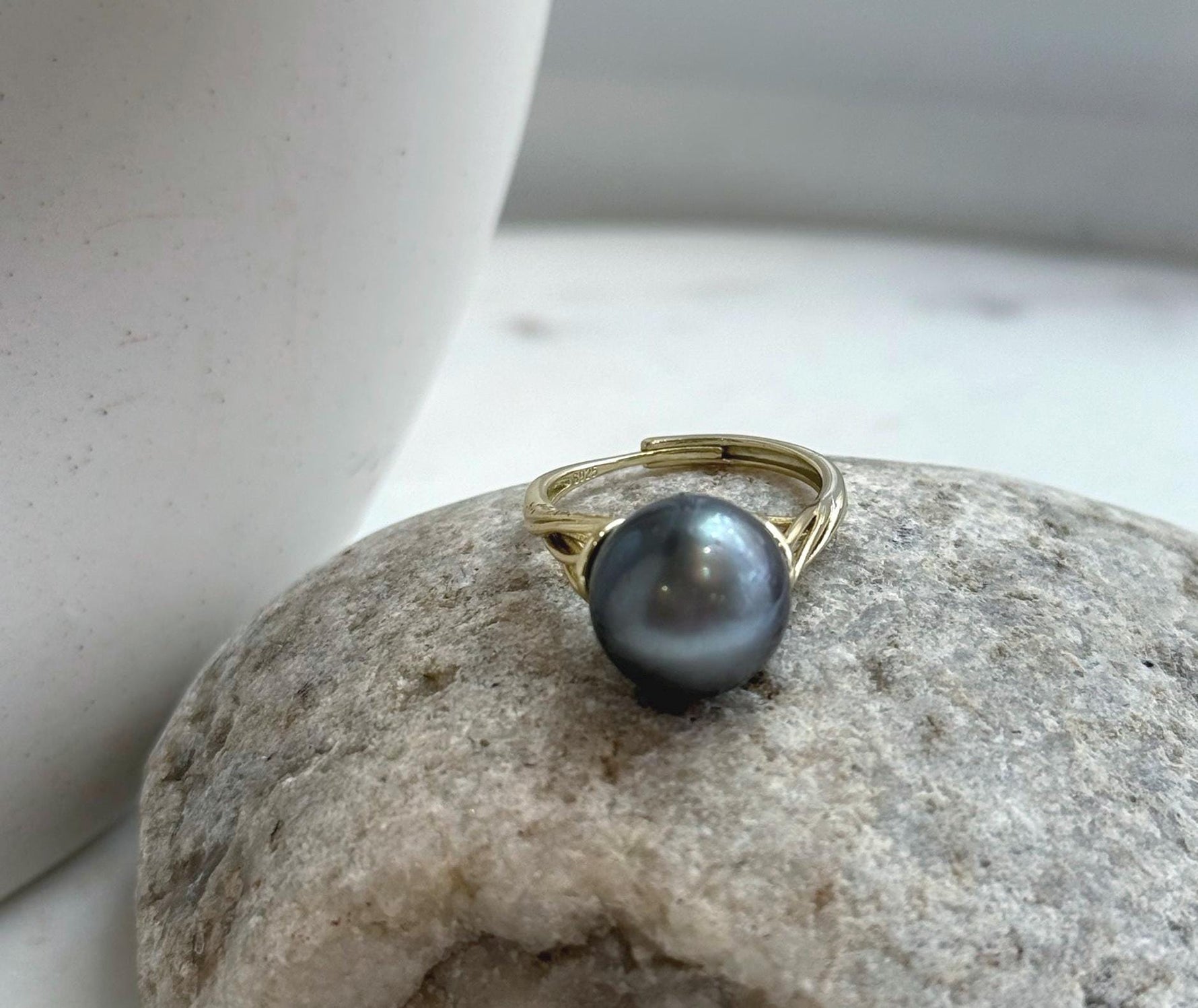 Elly’s 12mm Tahitian Ocean platinum ocean Pearl Ring: Extreme luster mirrored, S925 silver adjustable Ring. Pearl Jewelry Idea.