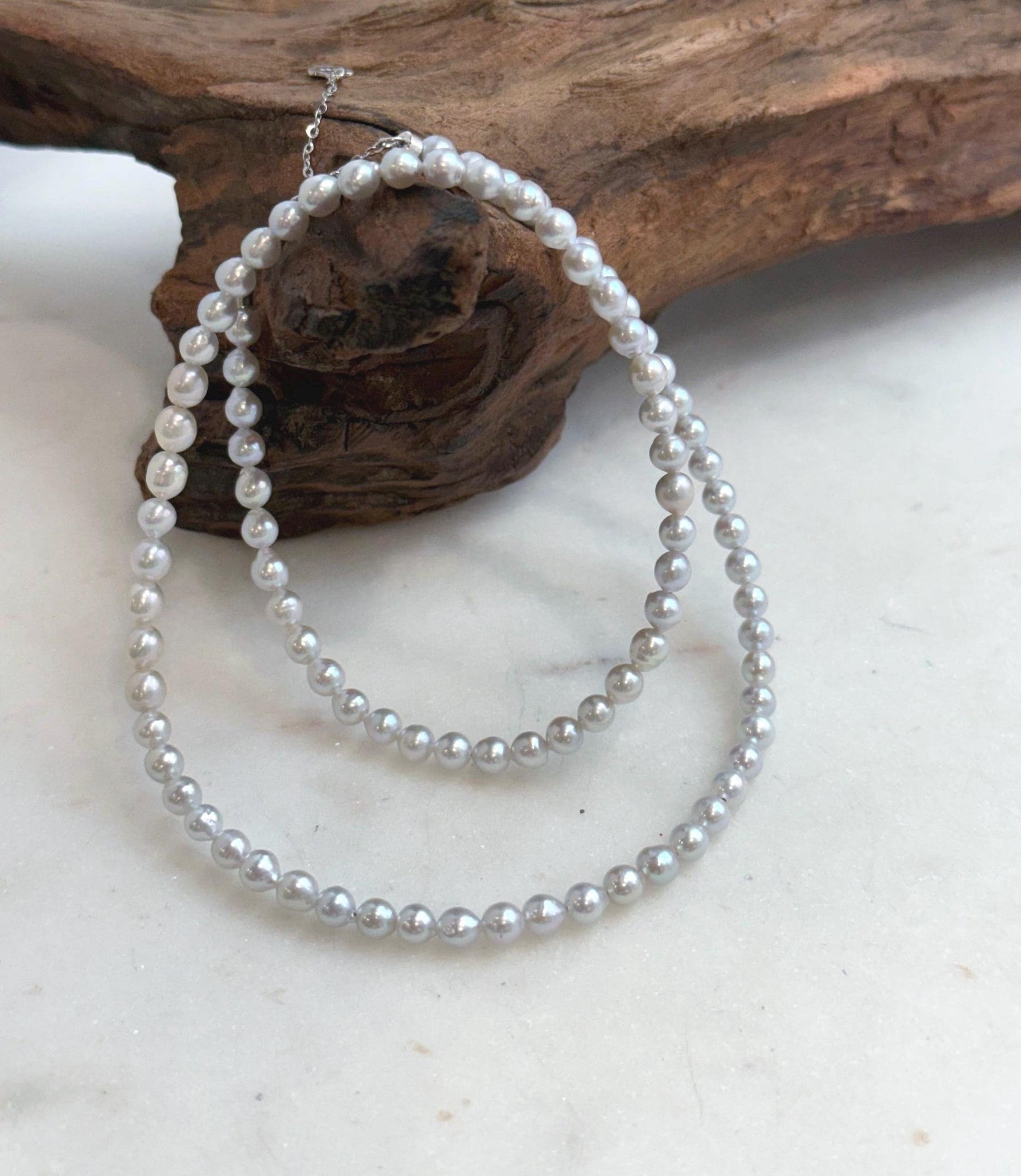 Elly’s 4.1-4.5mm Insale Freshwater blue silver Pearls Necklace: Extreme luster mirrored, To 18.5”, S925 silver necklace strand.