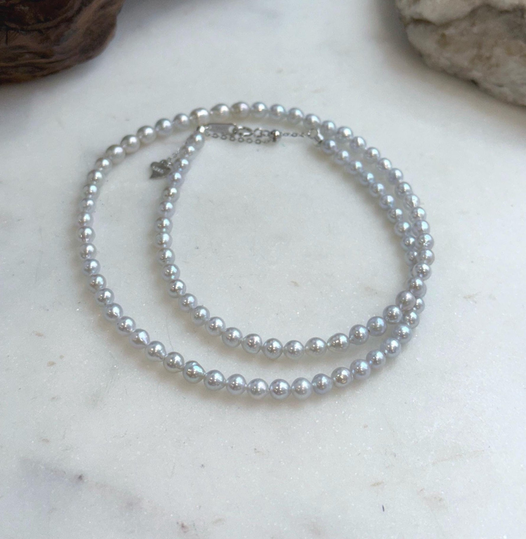 Elly’s 4.1-4.5mm Insale Freshwater blue silver Pearls Necklace: Extreme luster mirrored, To 18.5”, S925 silver necklace strand.