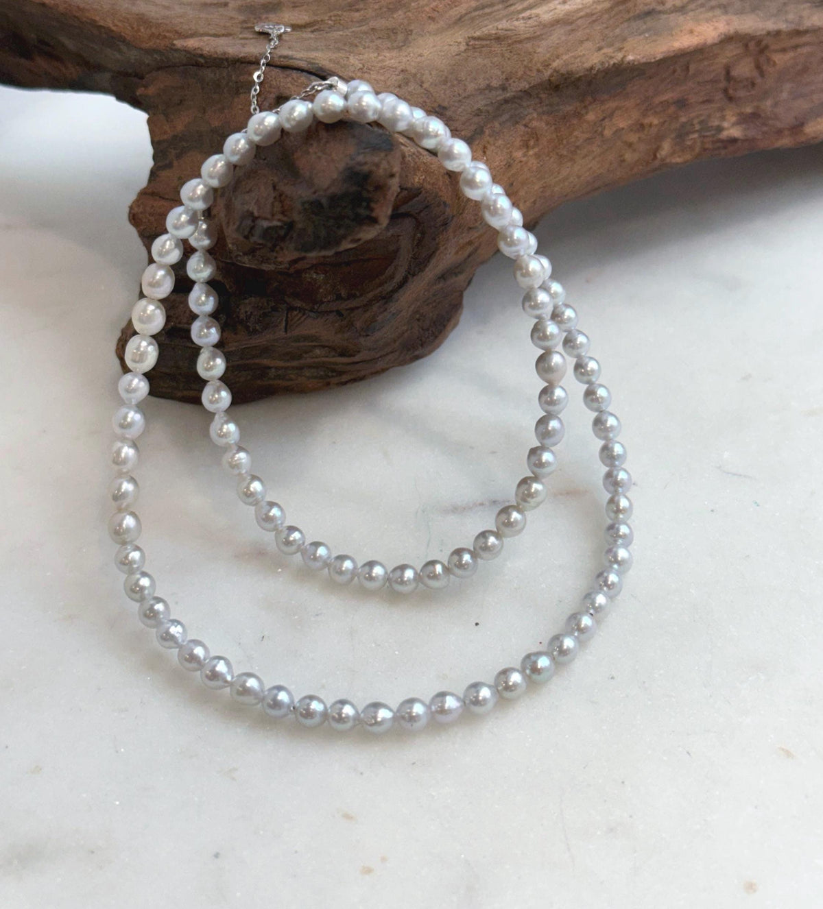 Elly’s 4.1-4.5mm Insale Freshwater blue silver Pearls Necklace: Extreme luster mirrored, To 18.5”, S925 silver necklace strand.