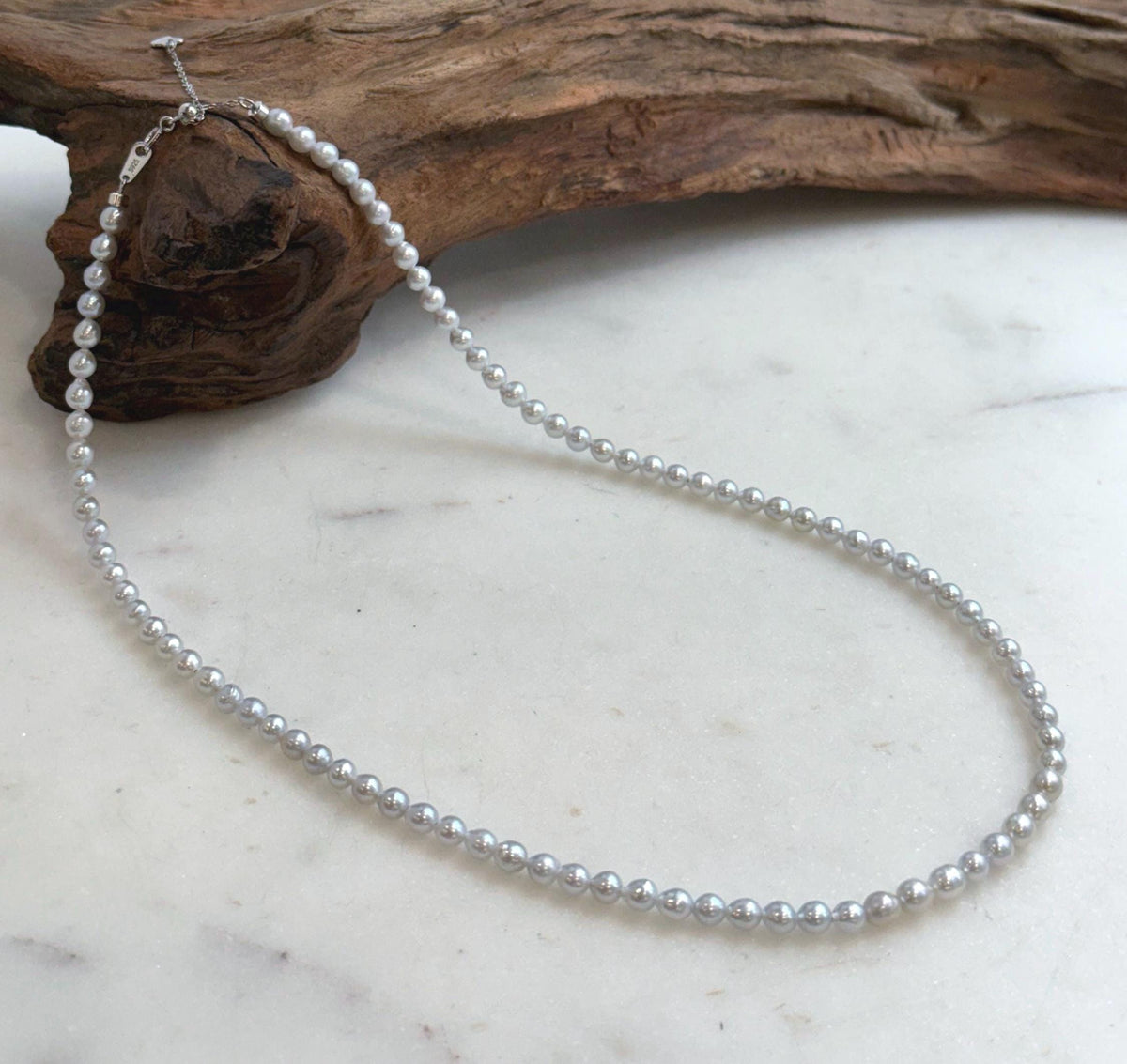 Elly’s 4.1-4.5mm Insale Freshwater blue silver Pearls Necklace: Extreme luster mirrored, To 18.5”, S925 silver necklace strand.