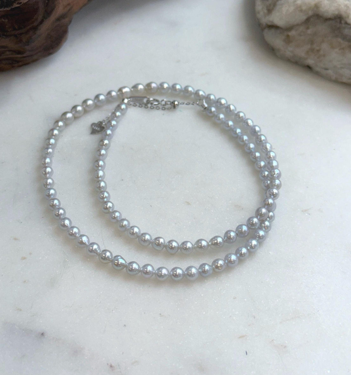 Elly’s 4.1-4.5mm Insale Freshwater blue silver Pearls Necklace: Extreme luster mirrored, To 18.5”, S925 silver necklace strand.