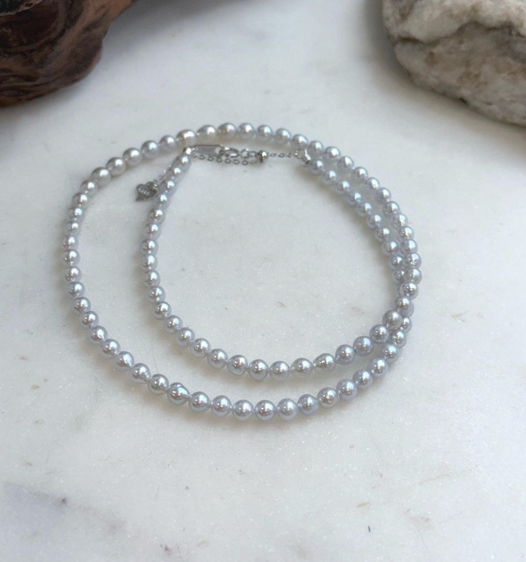 Elly’s 4.1-4.5mm Insale Freshwater blue silver Pearls Necklace: Extreme luster mirrored, To 18.5”, S925 silver necklace strand.