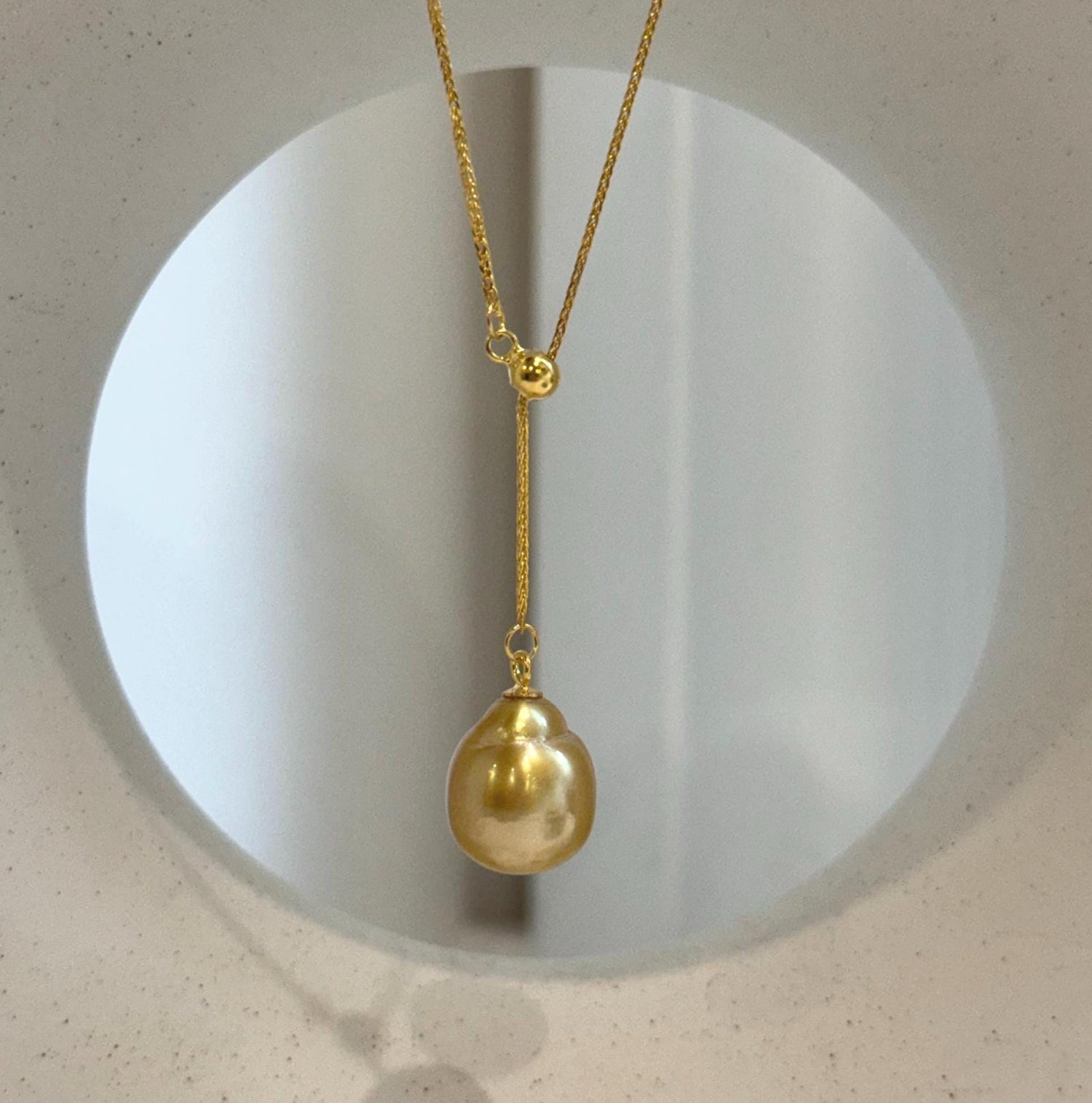 Elly’s 11.9x13.6mm South Sea deep tea golden ocean pearl cool Pendant Y-Lariat Necklace Set: Extreme luster mirrored. To 19.1“