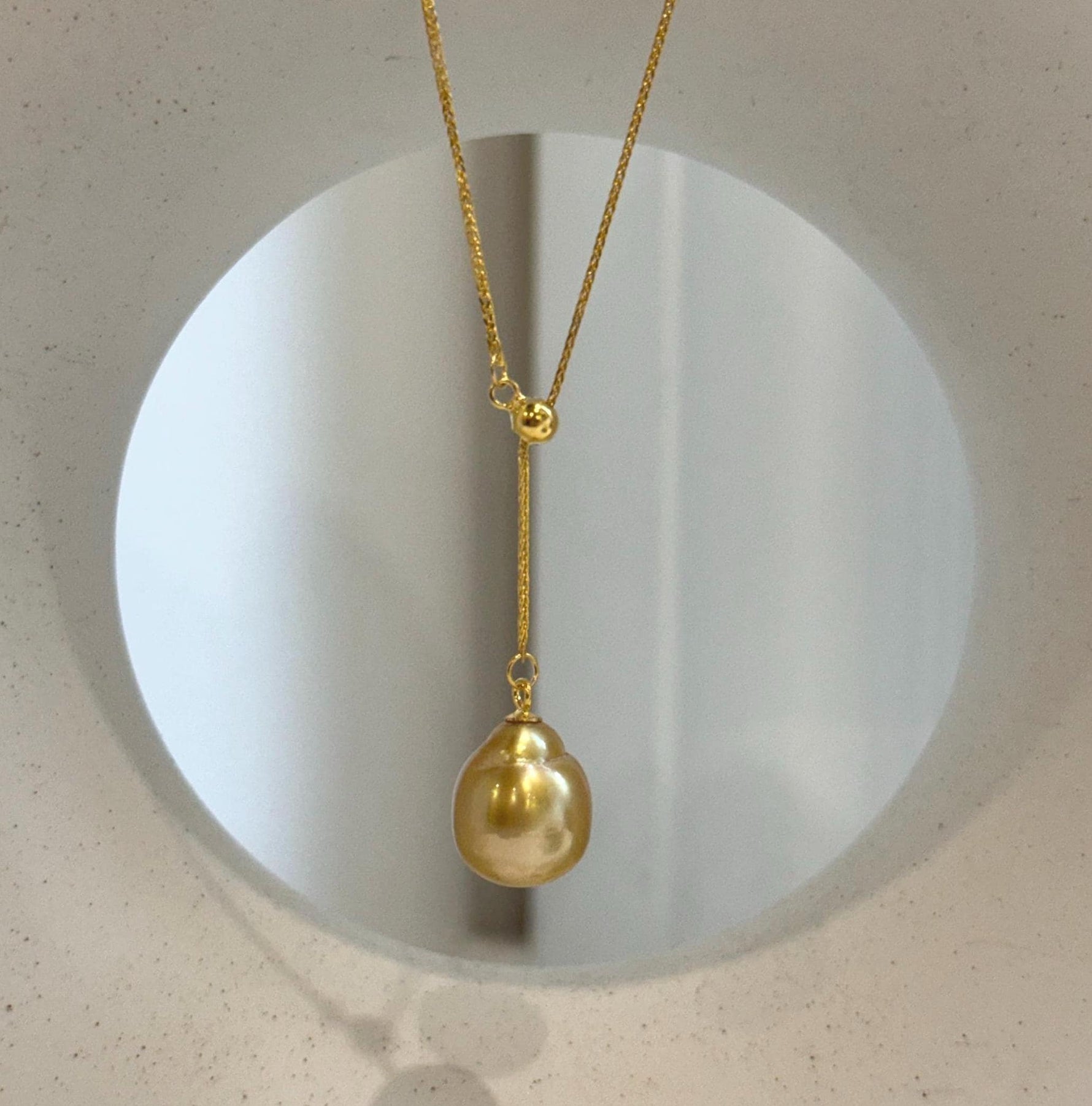 Elly’s 11.9x13.6mm South Sea deep tea golden ocean pearl cool Pendant Y-Lariat Necklace Set: Extreme luster mirrored. To 19.1“