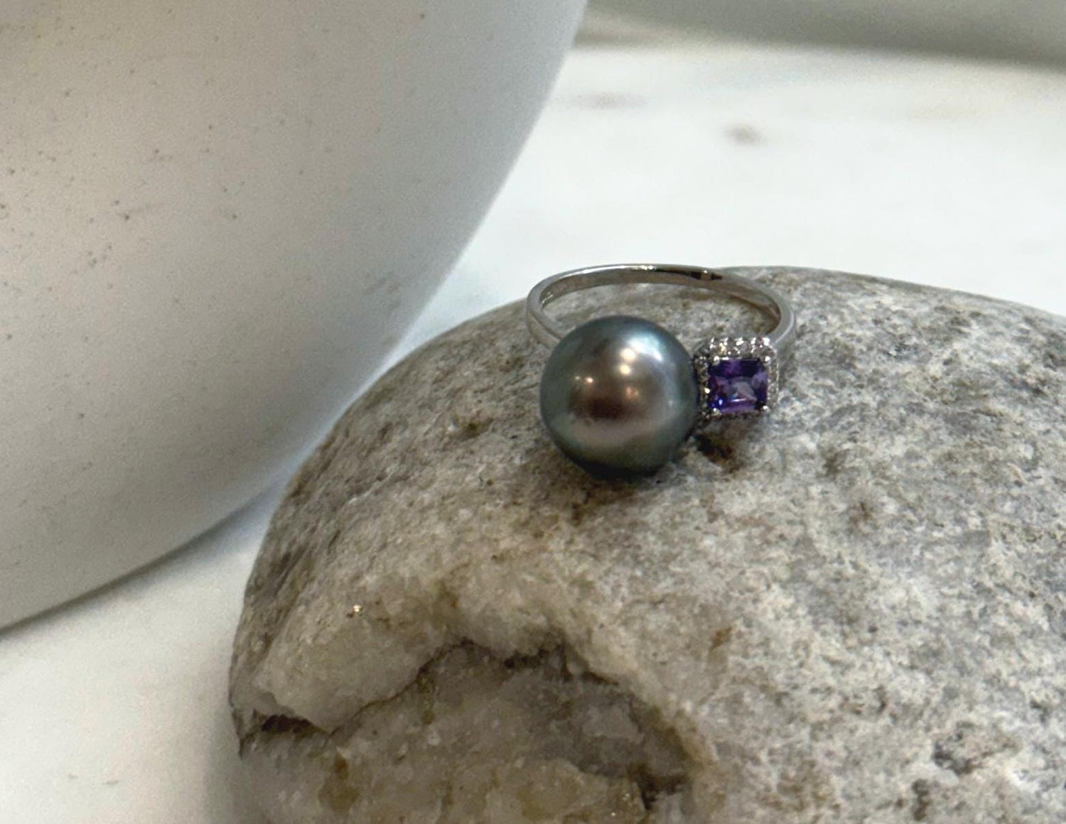 Elly’s 11.3mm Tahitian platinum hunter ocean Pearl Ring: Extreme luster mirrored, S925 silver adjustable Ring. Pearl Jewelry Idea.