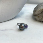 Elly’s 11.3mm Tahitian platinum hunter ocean Pearl Ring: Extreme luster mirrored, S925 silver adjustable Ring. Pearl Jewelry Idea.