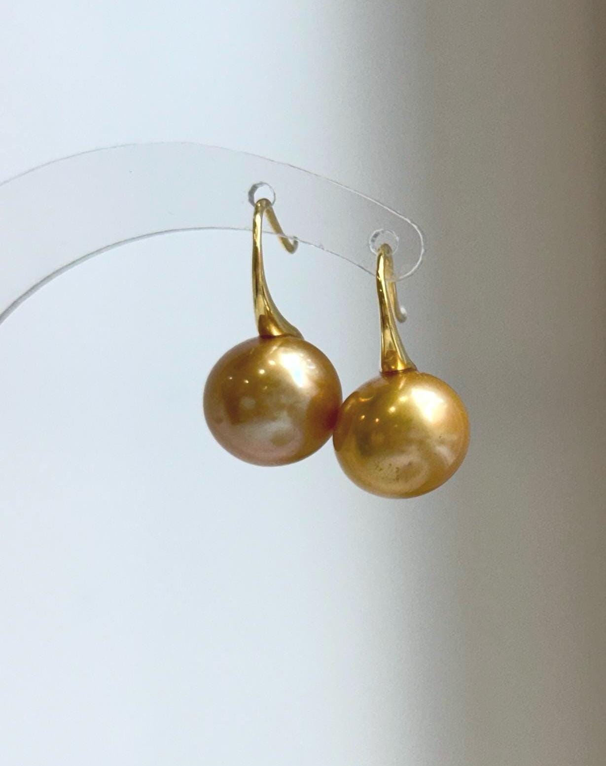 Elly’s 11.7mm Edison deep gold Pearls Earrings hooks: Extreme luster Mirrored, 2.2cm high, S925 silver cool earrings.