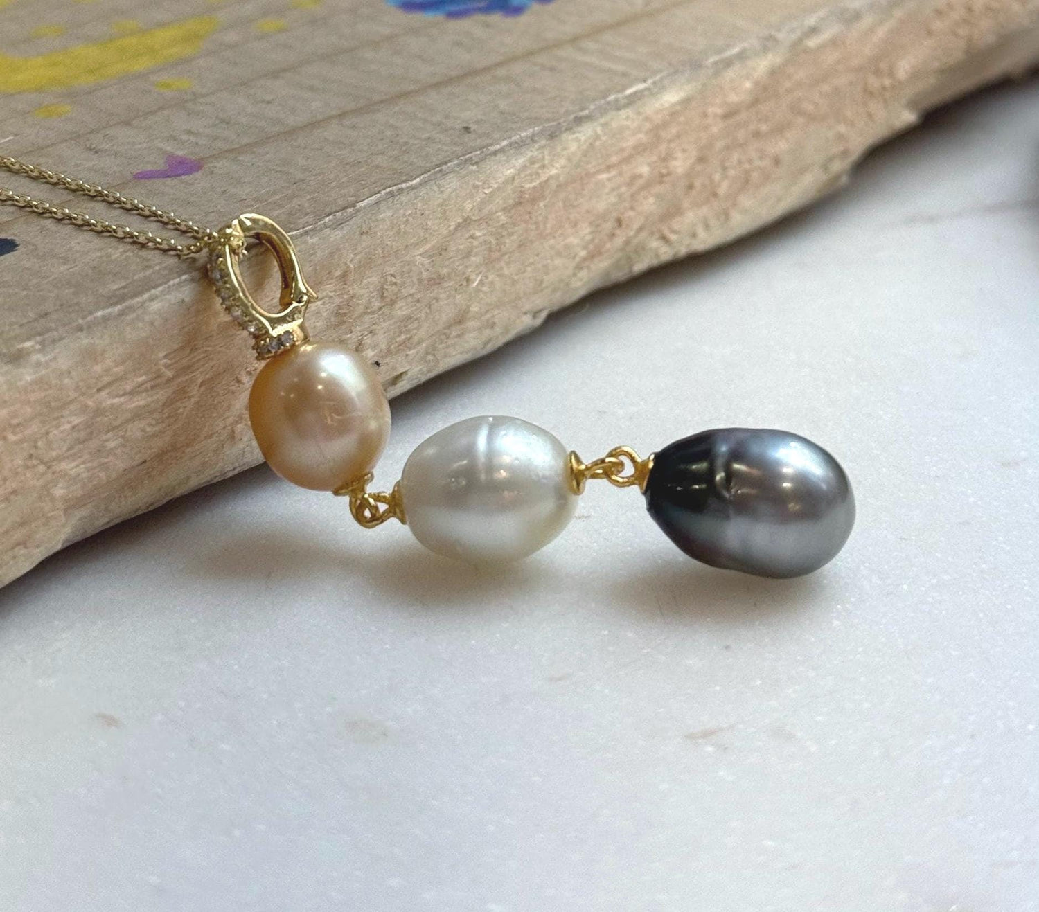 Tri 9.5-10.2mm South sea golden Tahitian Australian White pearls pendant: Extreme luster mirrored, 5.8cm high, S925 silver necklace set.