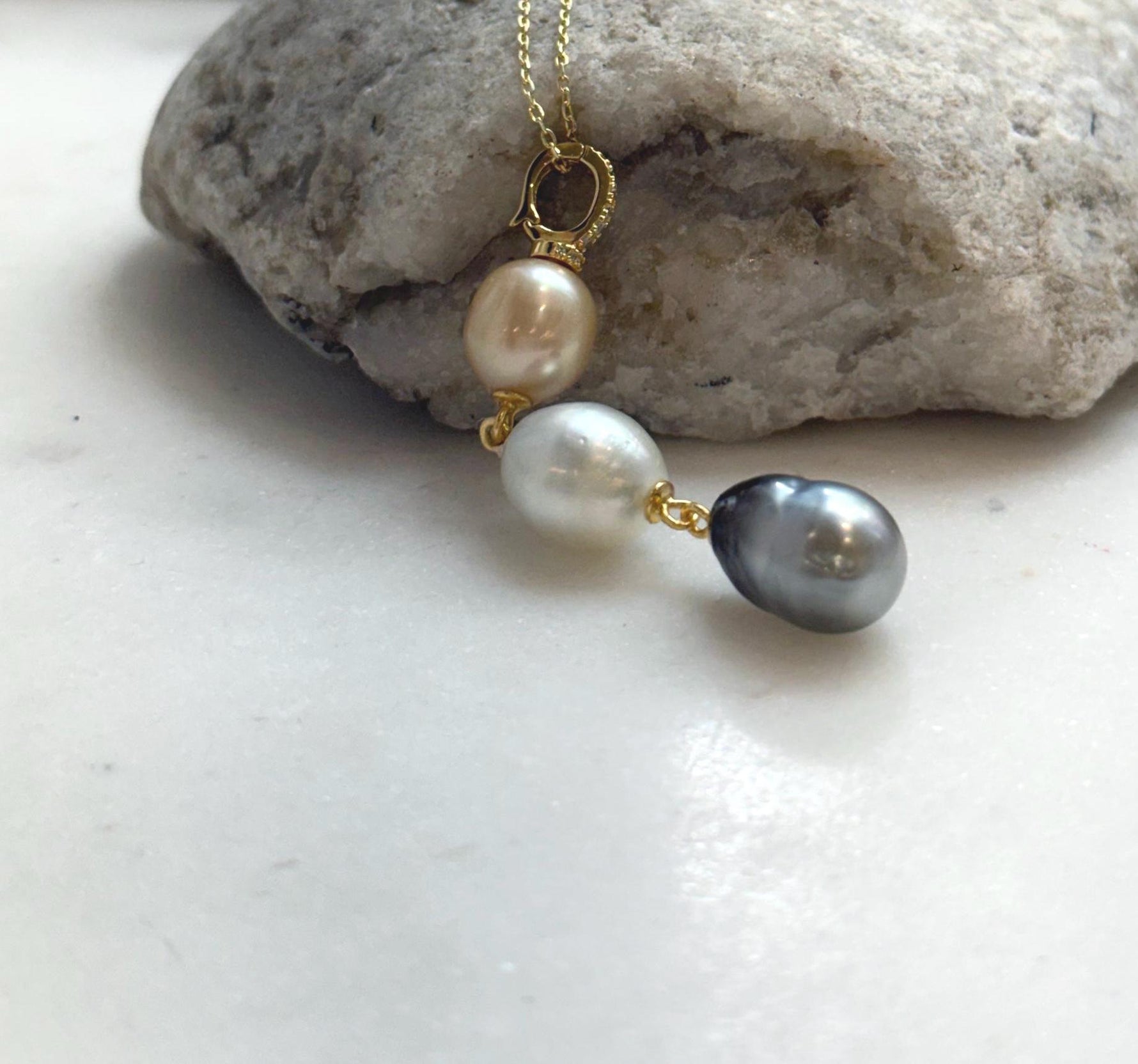 Tri 9.5-10.2mm South sea golden Tahitian Australian White pearls pendant: Extreme luster mirrored, 5.8cm high, S925 silver necklace set.