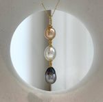 Tri 9.5-10.2mm South sea golden Tahitian Australian White pearls pendant: Extreme luster mirrored, 5.8cm high, S925 silver necklace set.