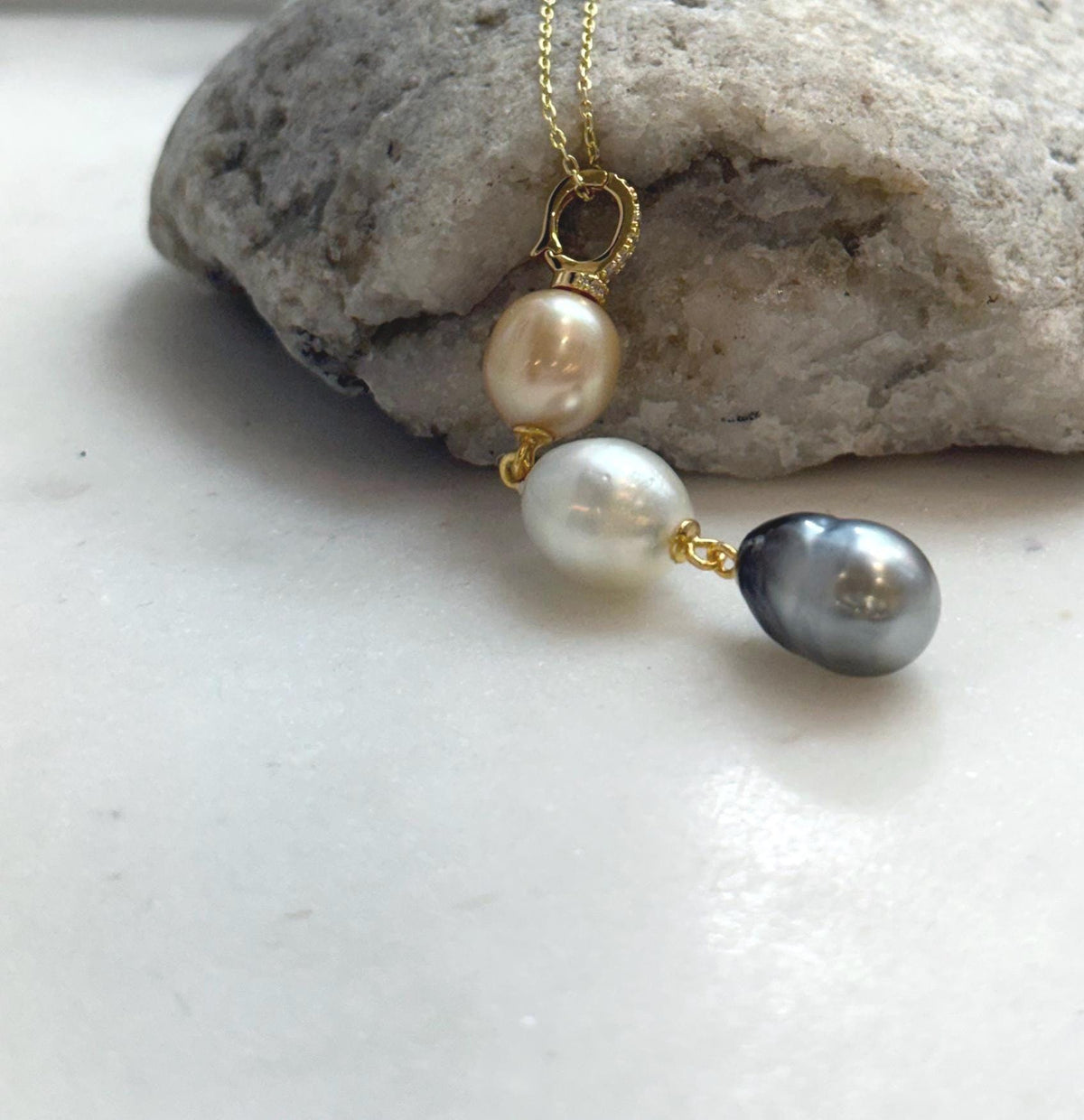 Tri 9.5-10.2mm South sea golden Tahitian Australian White pearls pendant: Extreme luster mirrored, 5.8cm high, S925 silver necklace set.