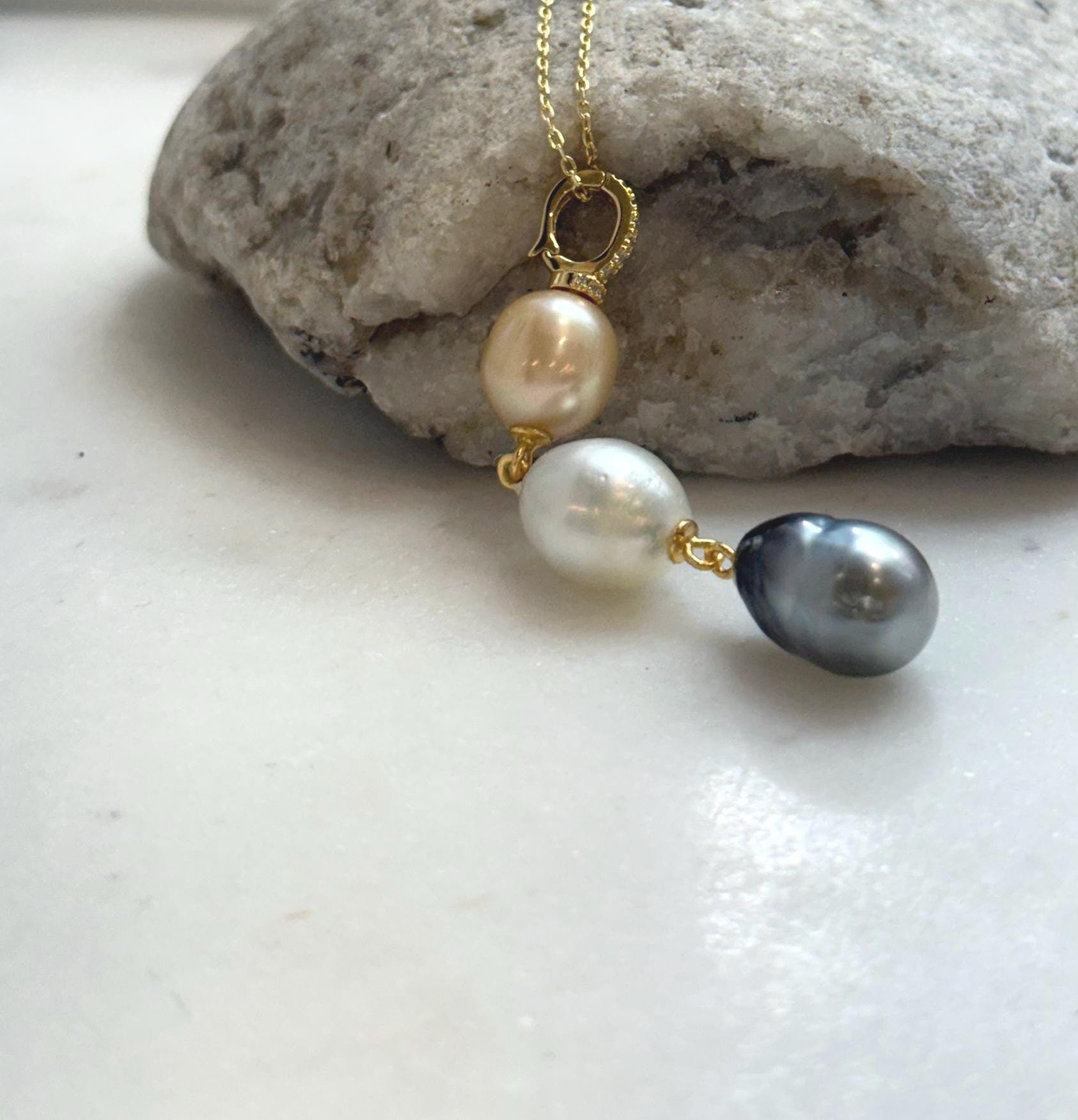 Tri 9.5-10.2mm South sea golden Tahitian Australian White pearls pendant: Extreme luster mirrored, 5.8cm high, S925 silver necklace set.