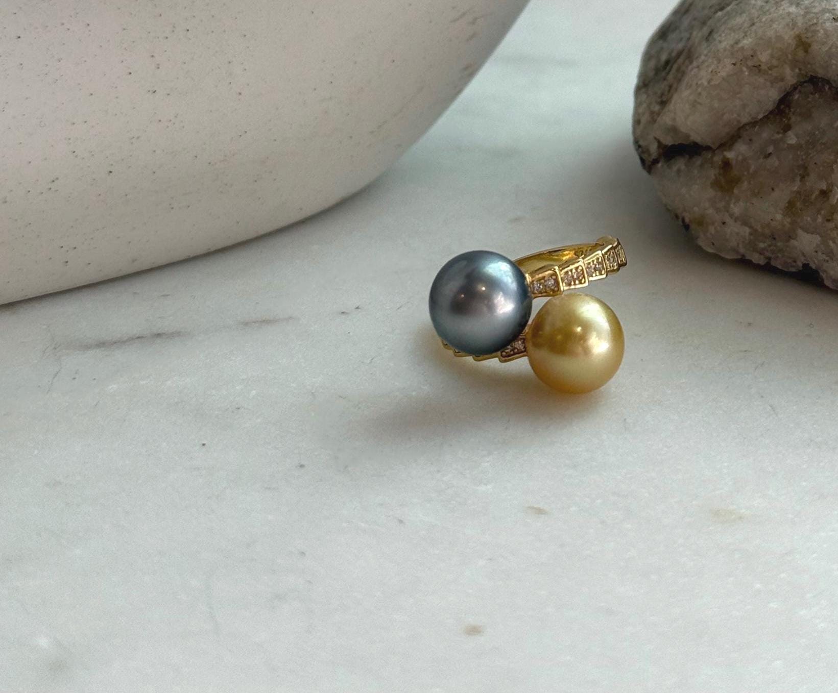 Elly’s Double South sea golden Tahitian ocean pearls Snake Ring: Extreme luster mirrored, 9.6-9.9mm, S925 silver adjustable cool Ring.