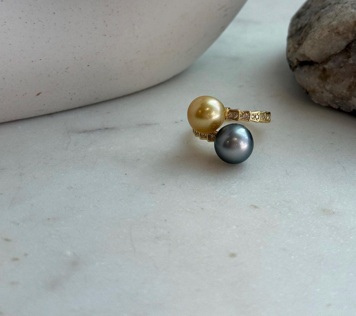 Elly’s Double South sea golden Tahitian ocean pearls Snake Ring: Extreme luster mirrored, 9.6-9.9mm, S925 silver adjustable cool Ring.